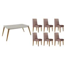 Sala de Jantar Completa Havana c/ Tampo Madeirado c/ Vidro Canto Curvo 180x90cm e 6 Cadeiras Dakota Naturale/Off White - Linho Capuccino - Rufato