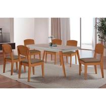 Sala de Jantar Completa Havana c/ Tampo Madeirado c/ Vidro Canto Curvo 180x90cm e 6 Cadeiras Havana Naturale/Off White - Suede Capuccino - Rufato