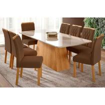 Sala de Jantar Completa Helena c/ Tampo Madeirado c/ Vidro 210x100cm e 8 Cadeiras Juliana Madeirado/Suede Joli Capuccino - Cimol