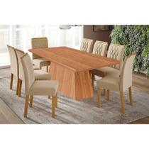 Sala de Jantar Completa Helena Tampo Madeirado 210x100cm e 8 Cadeiras Juliana Cinamomo - Carvalho/Suede Nude Bege - Cimol