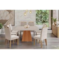 Sala de Jantar Completa Helena Tampo Madeirado c/ Vidro 210x100cm e 8 Cadeiras Paola Cinamomo/Off White - Carvalho/Suede Nude Bege - Cimol