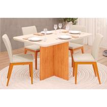 Sala de Jantar Completa Hera Tampo Madeirado c/ Vidro 120x90cm e 4 Cadeiras Vitória Cedro/Off White - Ipe/Linho Neve - DJ Móveis