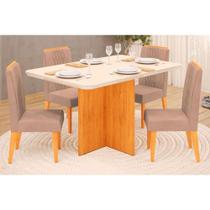 Sala de Jantar Completa Hera Tampo Madeirado c/ Vidro Reto 120x90cm e 4 Cadeiras Lia Cedro/Off White - Suede Kraft - DJ Móveis