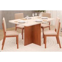 Sala de Jantar Completa Hera Tampo Madeirado c/ Vidro Reto 120x90cm e 4 Cadeiras Talia Freijo/Off White - Suede Creme - DJ Móveis