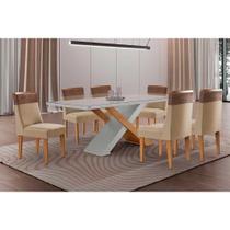 Sala de Jantar Completa Imperatriz c/ Tampo Madeirado c/ Vidro Canto Curvo 180X90cm e 6 Cadeiras Jaspe Naturale/Off White - Linho Bege - Rufato Sala de Jantar Completa Imperatriz c/ Tampo Madeirado c/ Vidro Canto Curvo 180X90cm e 6 Cadeiras Jaspe Naturale/Off White - Linho Bege - Rufato
