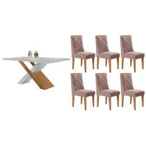 Sala de Jantar Completa Imperatriz c/ Tampo Madeirado c/ Vidro Canto Curvo 180X90cm e 6 Cadeiras Pietá Naturale/Off White - Linho Capuccino - Rufato