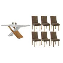 Sala de Jantar Completa Imperatriz c/ Tampo Madeirado c/ Vidro Canto Curvo 180X90cm e 6 Cadeiras Tilia Naturale/Off White - Suede Capuccino - Rufato Sala de Jantar Completa Imperatriz c/ Tampo Madeirado c/ Vidro Canto Curvo 180X90cm e 6 Cadeiras Tilia Naturale/Off White - Suede Capuccino - Rufato
