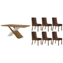 Sala de Jantar Completa Imperatriz c/ Tampo Madeirado Canto Curvo 180x90cm e 6 Cadeiras Dakota Naturale/Off White - Suede Marrom - Rufato Sala de Jantar Completa Imperatriz c/ Tampo Madeirado Canto Curvo 180x90cm e 6 Cadeiras Dakota Naturale/Off White - Suede Marrom - Rufato