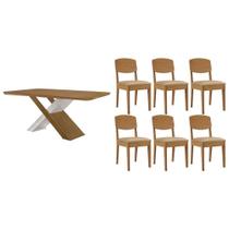 Sala de Jantar Completa Imperatriz c/ Tampo Madeirado Canto Curvo 180x90cm e 6 Cadeiras Havana Naturale/Off White - Linho Bege - Rufato