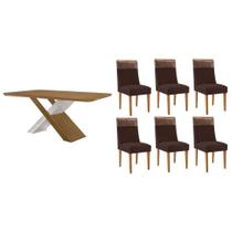 Sala de Jantar Completa Imperatriz c/ Tampo Madeirado Canto Curvo 180x90cm e 6 Cadeiras Jaspe Naturale/Off White - Suede Marrom - Rufato