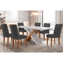 Sala de Jantar Completa Imperatriz Tampo Madeirado c/ Vidro Canto Curvo 180x90 e 6 Cadeiras Londrina Imbuia/Off White - Linho Grafite - Rufato