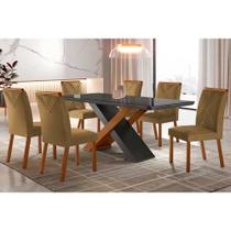 Sala de Jantar Completa Imperatriz Tampo Madeirado c/ Vidro Curvo 180x90 e 6 Cadeiras Amsterdã Imbuia/Veludo Capuccino - Rufato Sala de Jantar Completa Imperatriz Tampo Madeirado c/ Vidro Curvo 180x90 e 6 Cadeiras Amsterdã Imbuia/Veludo Capuccino - Rufato