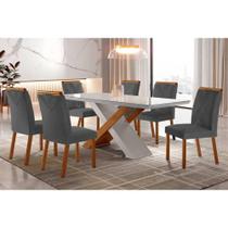 Sala de Jantar Completa Imperatriz Tampo Madeirado c/ Vidro Reto 180x90 e 6 Cadeiras Amsterdã Imbuia/Off White - Linho Grafite - Rufato