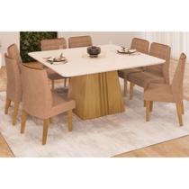 Sala de Jantar Completa Itália Tampo Madeirado c/ Vidro Curvo 136x136cm e 8 Cadeiras Ondina Cedro/Off White - Suede Kraft - DJ Móveis