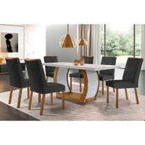 Sala de Jantar Completa Jade c/ Tampo Madeirado c/ Vidro Canto Curvo 180x90cm e 6 cadeiras Amsterdã Imbuia/Off White - Linho Grafite - Rufato Sala de Jantar Completa Jade c/ Tampo Madeirado c/ Vidro Canto Curvo 180x90cm e 6 cadeiras Amsterdã Imbuia/Off White - Linho Grafite - Rufato