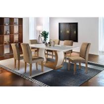 Sala de Jantar Completa Jade Tampo Madeirado c/ Vidro Canto Curvo 180x90cm e 6 Cadeiras Grécia Imbuia/Suede Capuccino - Rufato Sala de Jantar Completa Jade Tampo Madeirado c/ Vidro Canto Curvo 180x90cm e 6 Cadeiras Grécia Imbuia/Suede Capuccino - Rufato