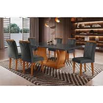 Sala de Jantar Completa Jade Tampo Madeirado c/ Vidro Curvo 180x90 e 6 Cadeiras Amsterdã Imbuia/Veludo Grafite - Rufato