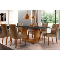 Sala de Jantar Completa Jade Tampo Madeirado c/ Vidro Curvo 180x90 e 6 Cadeiras Jade Imbuia/Veludo Capuccino - Rufato