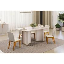 Sala de Jantar Completa Liz c/ Tampo Madeirado c/ Vidro Curvo 180x100cm e 6 Cadeiras Sofia Off White - Ipe/Linho Neve - DJ Móveis
