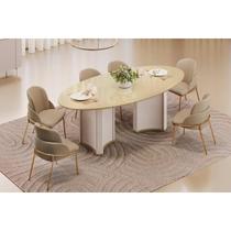 Sala de Jantar Completa Liz c/ Tampo Madeirado c/ Vidro Oval 218x108cm e 6 Cadeiras Vitta Off White/Dourado - Linho Bege - DJ Móveis