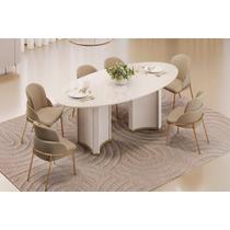 Sala de Jantar Completa Liz c/ Tampo Madeirado c/ Vidro Oval 218x108cm e 6 Cadeiras Vitta Off White - Linho Bege - DJ Móveis