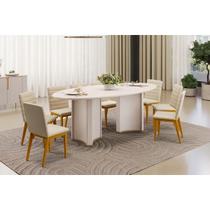 Sala de Jantar Completa Liz c/ Tampo Madeirado c/ Vidro Oval 218x108cm e 8 Cadeiras Sofia Off White - Ipe/Linho Neve - DJ Móveis