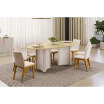 Sala de Jantar Completa Liz c/ Tampo Madeirado c/ Vidro Oval 218x108cm e 8 Cadeiras Vitória Off White/Dourado - Ipe/Boucle Perola - DJ Móveis Sala de Jantar Completa Liz c/ Tampo Madeirado c/ Vidro Oval 218x108cm e 8 Cadeiras Vitória Off White/Dourado - Ipe/Boucle Perola - DJ Móveis