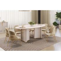 Sala de Jantar Completa Liz c/ Tampo Madeirado c/ Vidro Oval 218x108cm e 8 Cadeiras Vitta Off White - Linho Bege - DJ Móveis
