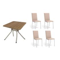 Sala de Jantar Completa Loire c/ Tampo de Madeira 90cm + 4 Cadeiras Amsterdã Niquel/Corano Bege - Kappesberg