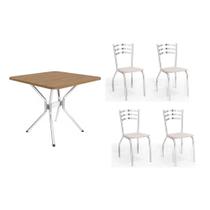 Sala de Jantar Completa Loire c/ Tampo de Madeira 90cm + 4 Cadeiras Portugal Cromada/Branco 106 - Kappesberg
