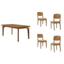 Sala de Jantar Completa Londrina c/ Tampo Madeirado c/ Vidro Canto Curvo 120x80cm 4 Cadeiras Havana Naturale/Off White - Suede Creme - Rufato