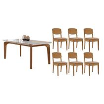 Sala de Jantar Completa Londrina c/ Tampo Madeirado c/ Vidro Canto Curvo 180x90cm e 6 Cadeiras Havana Naturale/Off White - Linho Capuccino - Rufato