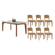 Sala de Jantar Completa Londrina c/ Tampo Madeirado c/ Vidro Canto Curvo 180x90cm e 6 Cadeiras Havana Naturale/Off White - Suede Creme - Rufato Sala de Jantar Completa Londrina c/ Tampo Madeirado c/ Vidro Canto Curvo 180x90cm e 6 Cadeiras Havana Naturale/Off White - Suede Creme - Rufato