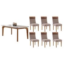 Sala de Jantar Completa Londrina c/ Tampo Madeirado c/ Vidro Canto Curvo 180x90cm e 6 Cadeiras Jaspe Naturale/Off White - Linho Capuccino - Rufato