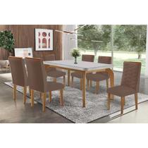 Sala de Jantar Completa Londrina c/ Tampo Madeirado c/ Vidro Canto Curvo 180x90cm e 6 Cadeiras Maldivas Naturale/Off White - Linho Capuccino - Rufato