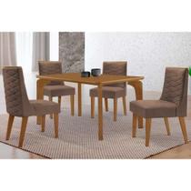 Sala de Jantar Completa Londrina c/ Tampo Madeirado Canto Curvo 120x80cm e 4 Cadeiras Dafne Naturale - Corano Capuccino - Rufato