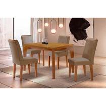Sala de Jantar Completa Londrina c/ Tampo Madeirado Canto Curvo 120x80cm e 4 Cadeiras Dakota Naturale - Linho Bege - Rufato