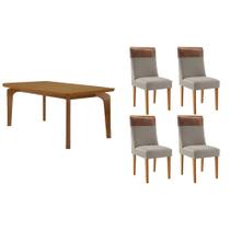 Sala de Jantar Completa Londrina c/ Tampo Madeirado Canto Curvo 120x80cm e 4 Cadeiras Jaspe Naturale - Suede Capuccino - Rufato