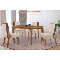 Sala de Jantar Completa Londrina c/ Tampo Madeirado Canto Curvo 120x80cm e 4 Cadeiras Tilia Naturale - Linho Bege - Rufato