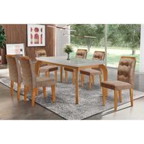 Sala de Jantar Completa Londrina c/ Tampo Madeirado Vidro Canto Reto 180x90cm e 6 cadeiras Imperatriz Imbuia - Veludo Capuccino - Rufato