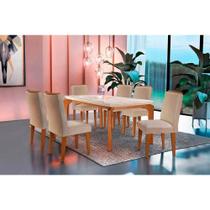 Sala de Jantar Completa Londrina Tampo Madeirado c/ Vidro 180cm + 6 Cadeiras Lunara Imbuia/Linho Bege - Rufato