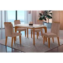 Sala de Jantar Completa Londrina Tampo Madeirado c/ Vidro Curvo 120x80 e 4 Cadeiras Amsterdã Imbuia - Veludo Capuccino - Rufato
