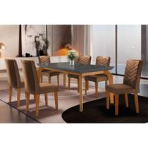 Sala de Jantar Completa Londrina Tampo Madeirado c/ Vidro Curvo 180x90 e 6 Cadeiras Londrina Imbuia/Veludo Capuccino - Rufato Sala de Jantar Completa Londrina Tampo Madeirado c/ Vidro Curvo 180x90 e 6 Cadeiras Londrina Imbuia/Veludo Capuccino - Rufato