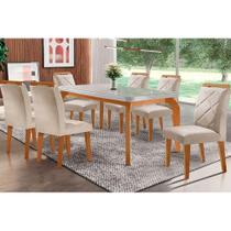 Sala de Jantar Completa Londrina Tampo Madeirado c/ Vidro Curvo 180x90cm e 6 Cadeiras Melissa Imbuia - Veludo Creme - Rufato