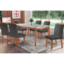 Sala de Jantar Completa Londrina Tampo Madeirado c/ Vidro Curvo 180x90cm e 6 Cadeiras Melissa Imbuia - Veludo Grafite - Rufato