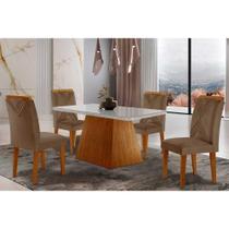 Sala de Jantar Completa Luna Tampo Madeirado c/ Vidro Canto Curvo 120x80 e 4 Cadeiras Amsterdã Imbuia/Veludo Capuccino - Rufato