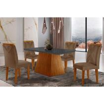 Sala de Jantar Completa Luna Tampo Madeirado c/ Vidro Canto Curvo 120x80 e 4 Cadeiras Amsterdã Imbuia/Veludo Capuccino - Rufato