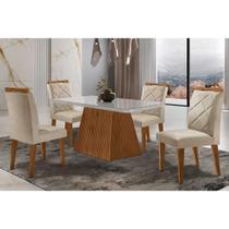 Sala de Jantar Completa Luna Tampo Madeirado c/ Vidro Curvo 120x80 e 4 Cadeiras Melissa Imbuia - Veludo Creme - Rufato Sala de Jantar Completa Luna Tampo Madeirado c/ Vidro Curvo 120x80 e 4 Cadeiras Melissa Imbuia - Veludo Creme - Rufato