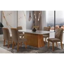 Sala de Jantar Completa Luna Tampo Madeirado c/ Vidro Curvo 180x90 e 6 Cadeiras Melissa Imbuia - Veludo Capuccino - Rufato Sala de Jantar Completa Luna Tampo Madeirado c/ Vidro Curvo 180x90 e 6 Cadeiras Melissa Imbuia - Veludo Capuccino - Rufato