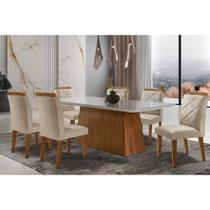 Sala de Jantar Completa Luna Tampo Madeirado c/ Vidro Curvo 180x90 e 6 Cadeiras Melissa Imbuia - Veludo Creme - Rufato